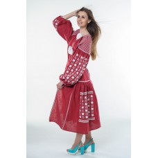 Boho Style Ukrainian Embroidered Dress "Starry Sky" white on maroon 